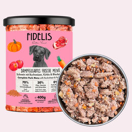 Produktbild von fidelis.dog Hundefutter Schwein mit Buchweizen, Kürbis und Blaubeeren glutenfrei 400g