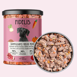 Produktbild von fidelis.dog Hundefutter Schwein mit Buchweizen Stückchen getreidefrei ohne Konservierungsstoffe 800g Glas