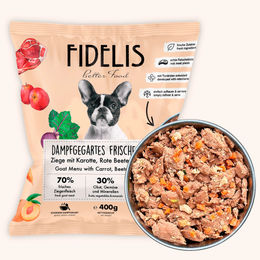 Produktbild von fidelis.dog Hundefutter Ziege mit Karotte, Rote Beete und Pfirsich getreidefrei und hypoallergen 400g gefroren