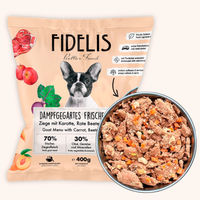 Produktbild von fidelis.dog Hundefutter Ziege mit Karotte, Rote Beete und Pfirsich getreidefrei und hypoallergen 400g gefroren