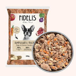 Produktbild von fidelis.dog Hundefutter Ziege mit Maniok, Karotten und Pfirsich hypoallergen getreidefrei monoprotein gefroren 500g