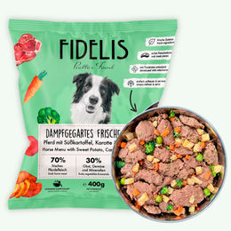 Produktbild von fidelis.dog Pferdefutter mit Süßkartoffel, Karotte und Blaubeeren gefroren 400g