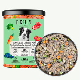 Produktbild von fidelis.dog Pferdefutter Sensitive mit Süßkartoffel, Karotte und Blaubeeren hypoallergen getreidefrei 400g