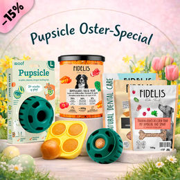 Produktbild von fidelis.dog Pupsicle Intelligenzspielzeug Schleckmatte in Grün Größe L mit Oster Special Snack Tray und 6 Gläsern mit Ente Huhn Lamm und Rind