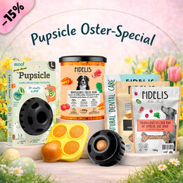 Produktbild von fidelis.dog Pupsicle Intelligenzspielzeug Schleckmatte Schwarz Größe L mit Oster Special Treat Tray und 6 Gläsern Snacks