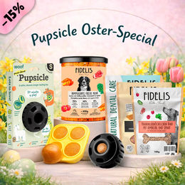 Produktbild von fidelis.dog Pupsicle Intelligenzspielzeug Schwarz Größe S mit Oster Special Treat Tray und 6 Gläsern Snacks Ente Huhn Lamm Rind