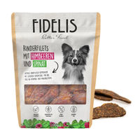 Produktbild von Fidelis Hundeleckerli Rinderfilet Streifen mit Himbeere und Spinat getrocknet 100g getreidefrei monoprotein