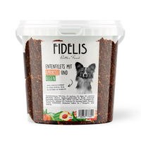 Produktbild von Fidelis Hundeleckerlis Entenfilets mit Alge und Aprikose getreidefrei und monoprotein 500g Eimer