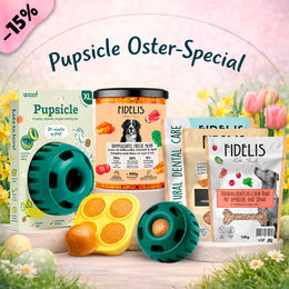 Produktbild von Fidelis Pupsicle Intelligenzspielzeug Schleckmatte aus Silikon Grün XL und Oster Special Snack Set mit 6 Gläsern und Treat Tray