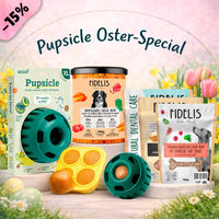 Produktbild von Fidelis Pupsicle Intelligenzspielzeug Schleckmatte aus Silikon Grün XL und Oster Special Snack Set mit 6 Gläsern und Treat Tray