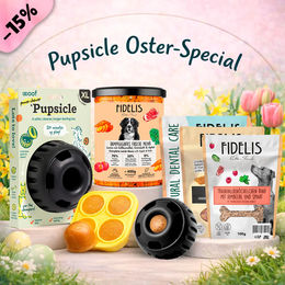 Produktbild von Fidelis Pupsicle Intelligenzspielzeug Schleckmatte Schwarz XL mit Oster Special Treat Tray und 6 Gläsern Snacks