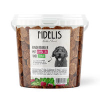 Produktbild von Fidelis Rinderburger mit Himbeere und Spinat für Hunde getreidefrei 1kg Eimer