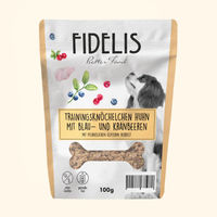 Produktbild von Fidelis Trainingsknöchelchen Huhn mit Blaubeeren und Kranbeeren für Welpen ohne Soja 100g