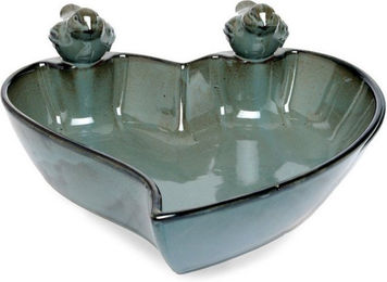 finehomegarden Vogeltränke und Vogelbad aus Steingut in Herzform mit Vogelmotiv grün/grau glasiert 31cm x 12cm – Bild 1 von 2