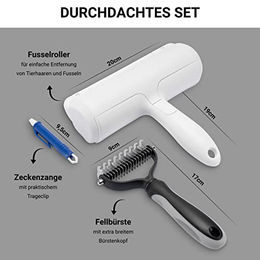FinoPet 3er Set Tierpflege-Set mit Hundebürste XL für Langhaar, Fusselrolle und Zeckenzange aus Edelstahl für Hund und Katze – Bild 1 von 4