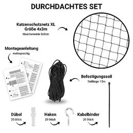 FinoPet Katzennetz für Balkon drahtverstärkt Schwarz 4x3m XL inklusive Befestigungsmaterial - 12 m – Bild 1 von 8