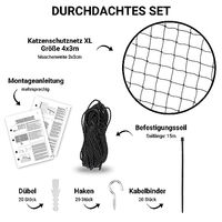 Produktbild von FinoPet Katzennetz für Balkon drahtverstärkt Schwarz 4x3m XL inklusive Befestigungsmaterial - 12 m