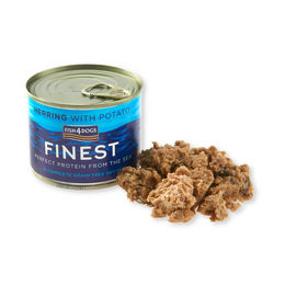 Produktbild von Fish4Dogs Finest Hundefutter Hering mit Kartoffel Stückchen in Sauce getreidefrei 185 g