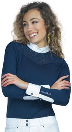 Produktbild von Flags&Cup Reitshirt Damen Polo Reiten Langarm Cassia Weiß Blau Polyester 2XS