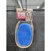 Produktbild von Flamingo 3in1 Pflege- und Massagehandschuh für Hunde in Beige und Blau