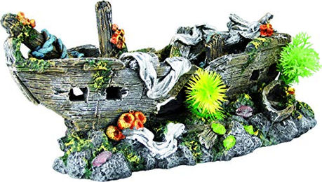 Flamingo Aquariendeko Schiffswrack mit Pflanzen Figur und Höhle für Fische 28cm x 12cm - 1 Stk. – Bild 1 von 2