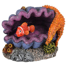 Flamingo Aquarium Dekoration Muschel mit Fisch aus Polyresin in Grau und Bunt – Bild 1 von 2