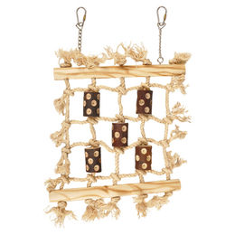 Produktbild von Flamingo BBQ Sittich-Spielzeug aus Holz und Sisal mit Metall-Aufhängung für Wellensittiche und Großsittiche