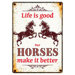 Flamingo Blechschild im Hochformat Life is good, but Horses make it better – Bild 1 von 1