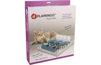 Flamingo Fumbo Intelligenzspielzeug aus Holz für Katzen und Kitten Grau/Blau – Bild 1 von 5