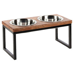 Flamingo Futter- und Trinknapf Set Tommy mit Ständer aus Holz und Edelstahl in Braun 60 x 28 x 28,5 cm - 2700 ml – Bild 1 von 1