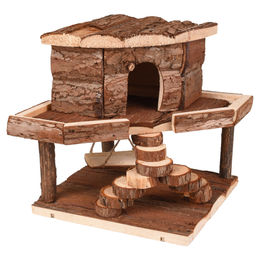 Flamingo Holzhaus Hansy für Hamster und Mäuse mit Schaukel und Treppe 20x20x20cm – Bild 1 von 7