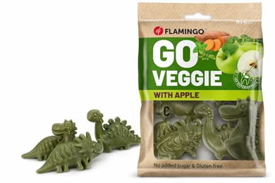 Flamingo Hund Leckerli Veggie Dino mit Apfel glutenfrei vegan 120g Zahnpflege-Snack - 4 x 30 g – Bild 1 von 6