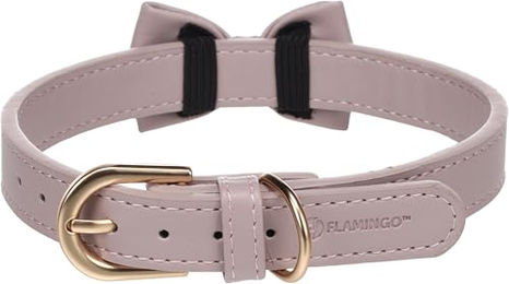 Flamingo Hundehalsband mit Schleife aus Qualitätsleder in Violett Größe M 36-44 cm – Bild 1 von 3