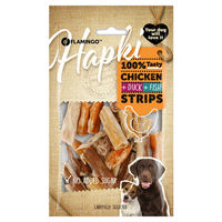 Produktbild von Flamingo Hundesnack Hapki Streifen mit Huhn, Ente und Fisch ohne Zuckerzusatz 85 g