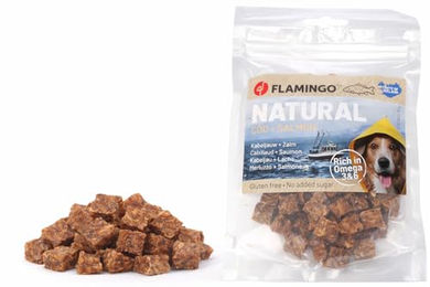 Flamingo Hundesnack Trockenfleisch Kabeljau und Lachs glutenfrei ohne Zucker 75 g – Bild 1 von 6