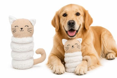 Flamingo Hundespielzeug Ribola Katze Beige aus weichem Plüsch und Cord mit Squeaker – Bild 1 von 1