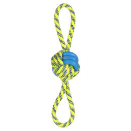 Flamingo Hundespielzeug Tofla Zerrseil mit Ball aus Gummi Blau Gelb 30x7x7cm – Bild 1 von 9