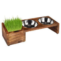 Flamingo Lela Futter- und Trinknapf Set aus Edelstahl mit Katzengrasnapf silber/braun 42 cm - 375 ml – Bild 1 von 12