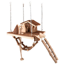 Flamingo Nagerspielzeug Set aus Holz mit Hängebrücke und Haus – Bild 1 von 2