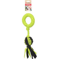 Produktbild von Flamingo Rofas Ring Rugby Wurfspielzeug für Hunde aus Stoff in Grün und Schwarz mit Knistergeräusch und Schwimmeigenschaft