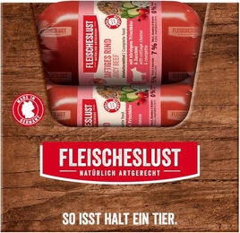 Fleischeslust Junior Hund Wurst Rind und Lachs Stückchen in Sauce ohne Farb- und Aromastoffe sowie Konservierungsstoffe 15 x 200 g – Bild 1 von 3