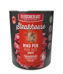 Fleischeslust Nassfutter für Hunde und Katzen Steakhouse Rind pur Monoprotein getreidefrei sensitive Adult 6x800g – Bild 1 von 3