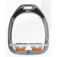 Produktbild von Flex-on Steigbügel Flex-Green Composite aus Aluminium in Silber und Orange mit flacher Grip-Oberfläche