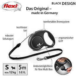 flexi Black Design Seil-Rollleine für Hunde Größe S 5 m Schwarz/Silber - 5 m – Bild 1 von 9