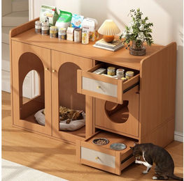 Flieks Katzenkloschrank aus Holz mit 2 Edelstahl-Futternäpfen, Schubladen und Glastüren – Bild 1 von 5