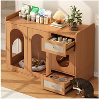 Produktbild von Flieks Katzenkloschrank aus Holz mit 2 Edelstahl-Futternäpfen, Schubladen und Glastüren