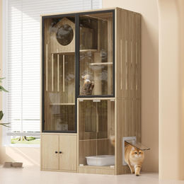 Flieks Katzenvilla Katzenhaus mit Kratzbaum und Schrank aus Naturholz mit Glastüren für Katzen und Chinchillas – Bild 1 von 1