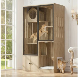 Flieks Katzenvilla Katzenhaus mit vier Stockwerken, Katzenzaun aus Holzoptik mit Glastüren und Kratzpfosten, Beige Braun – Bild 1 von 2