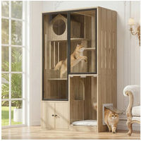 Produktbild von Flieks Katzenvilla Katzenhaus mit vier Stockwerken, Katzenzaun aus Holzoptik mit Glastüren und Kratzpfosten, Beige Braun