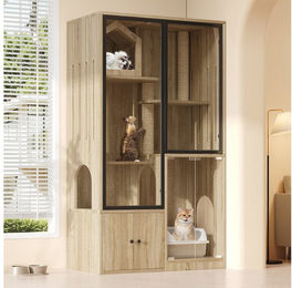 Flieks Katzenvilla Katzenhaus mit vier Stockwerken, Kratzsäule und Glastüren in Holzoptik für erwachsene Katzen – Bild 1 von 5